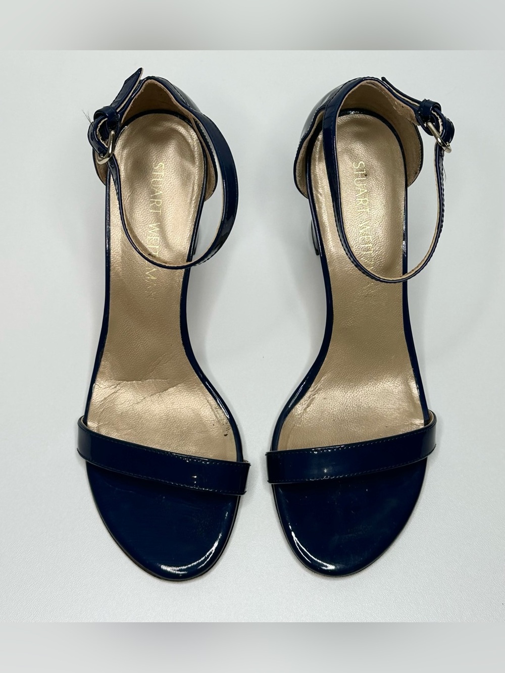 Stuart Weitzman Navy Blue Patent Leather Nudist Curve Heels Shoes Sandal - Picture 12 of 12